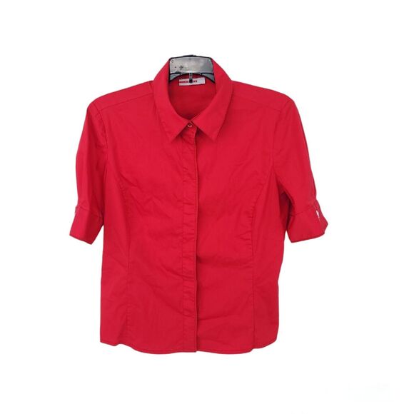 Prada Shirt Womens 46 Small Short Sleeve Stretch Button Fitted Collared Blouse - Picture 1 of 10